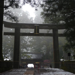 Un grand Torii de granit marque l'entrée du temple Toshogu