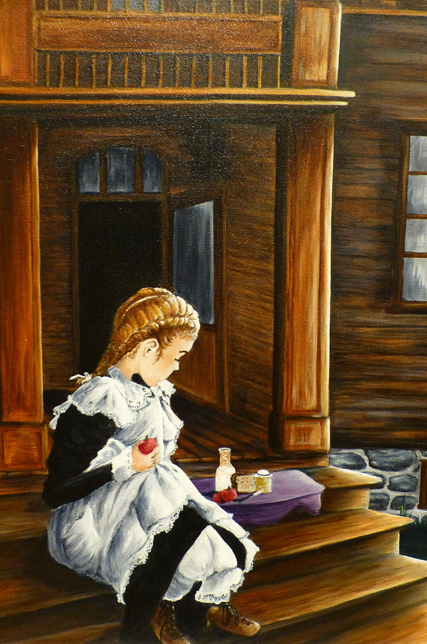 Peinture d'une petite fille prenant son goûter