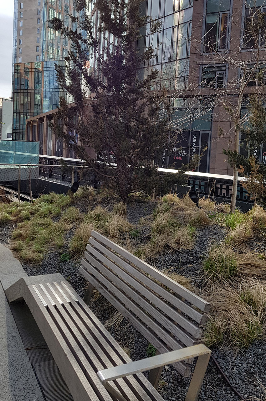 Des bancs permettent de se reposer sur la High Line