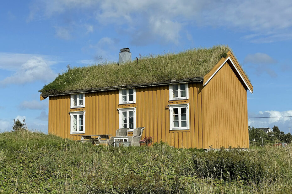 Maison jaune avec sa toiture végétale traditionnelle