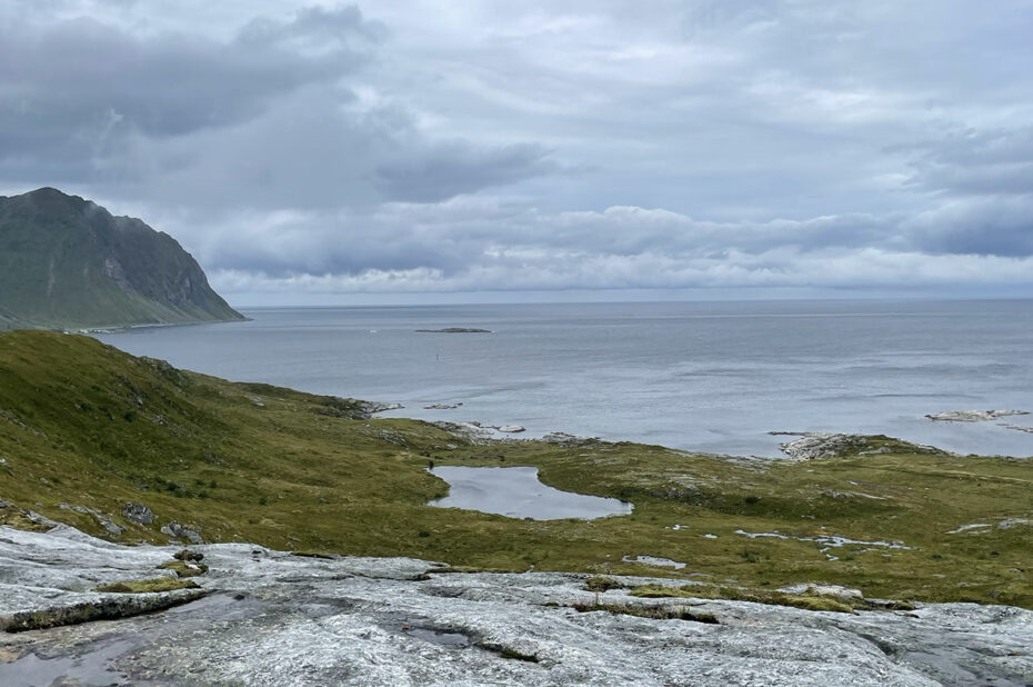 Le chemin traverse la lande face à la mer de Norvège