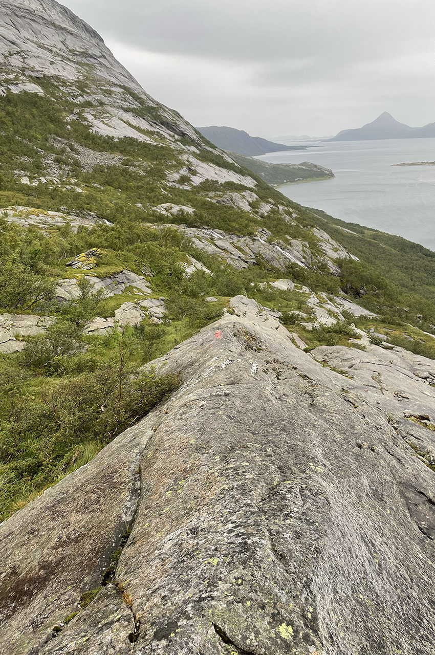 Rochers rendus glissants par la pluie dans la descente