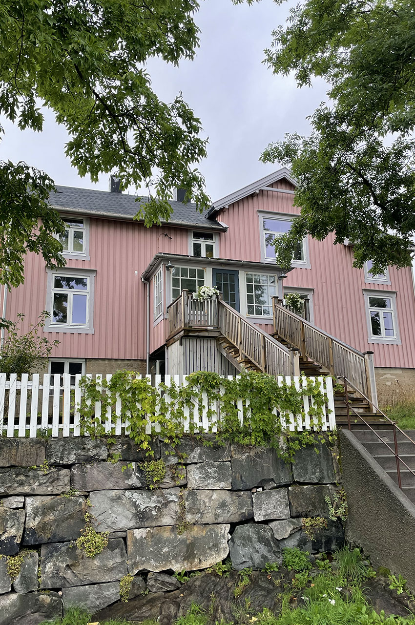 Maison rose cachée dans les arbres