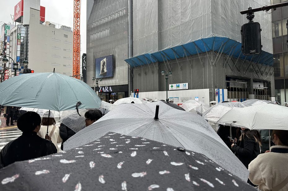 Sous leur parapluie, les gens attendent pour traverser