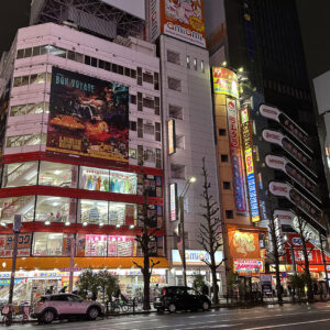 Les rues d'Akihabara de nuit, sous la pluie